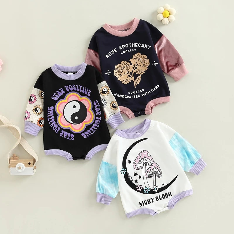 Baby Girls Solid Color Cartoon Print Long Sleeve Onesie Crawling Clothes - PrettyKid