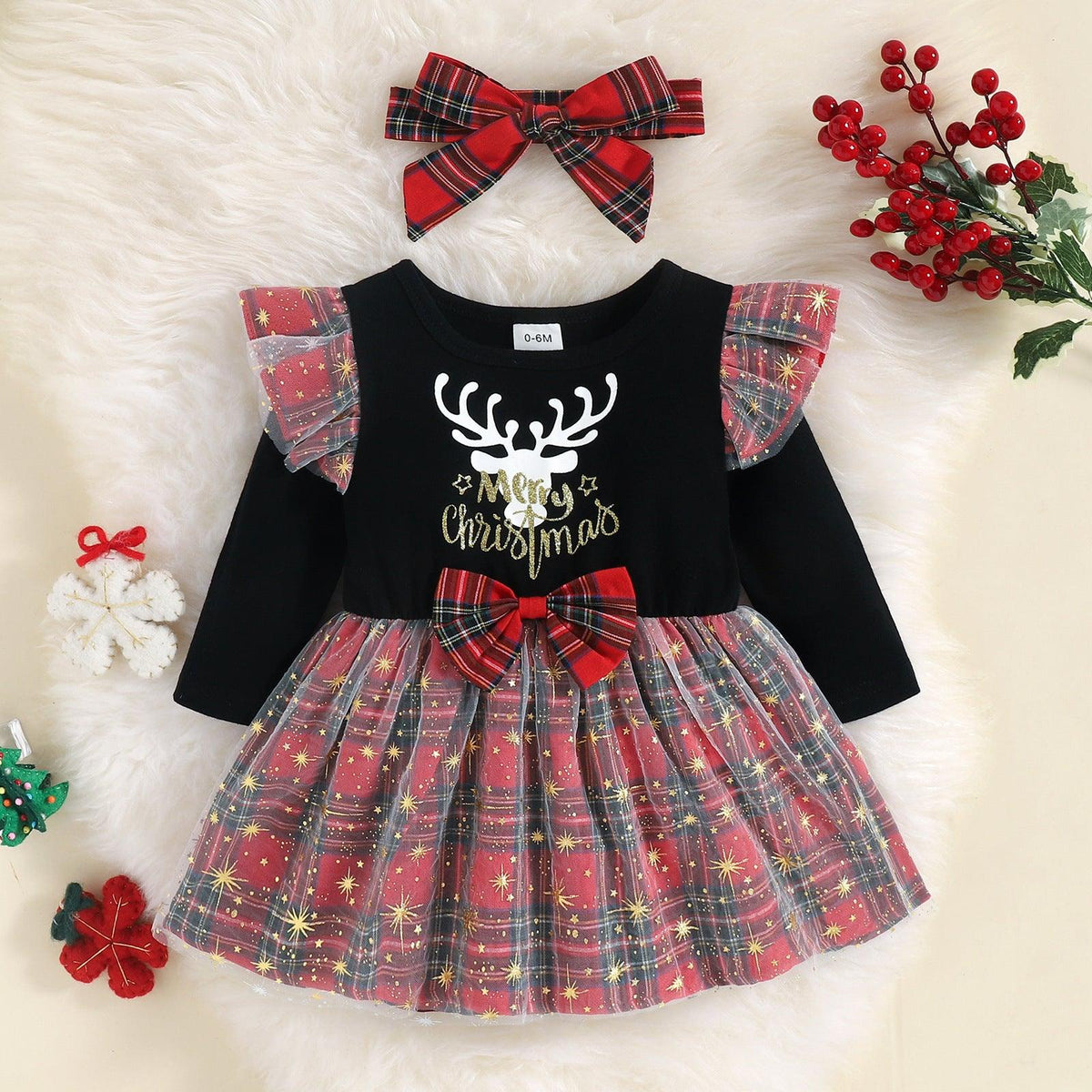 Baby Girls Christmas Dress Fawn Plaid Mesh Bow Dress - PrettyKid