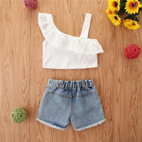 Toddler Kids Girls Irregular Suspender Top Denim Shorts Two Piece Set Wholesale Girls Boutique Clothing - PrettyKid