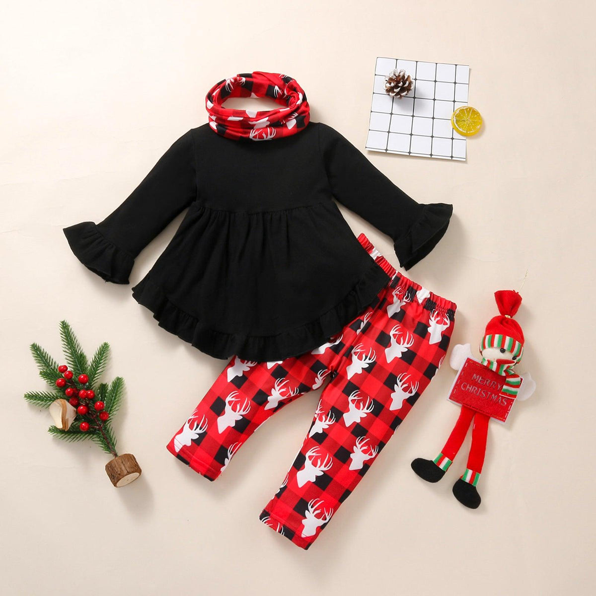 Girls' Solid Color Long Sleeved Shirt Printed Trousers Christmas Suit - PrettyKid