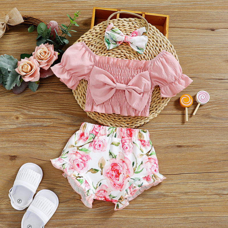 Bubble Sleeve Bow Top Printed Shorts+hair Band Three-piece Suit