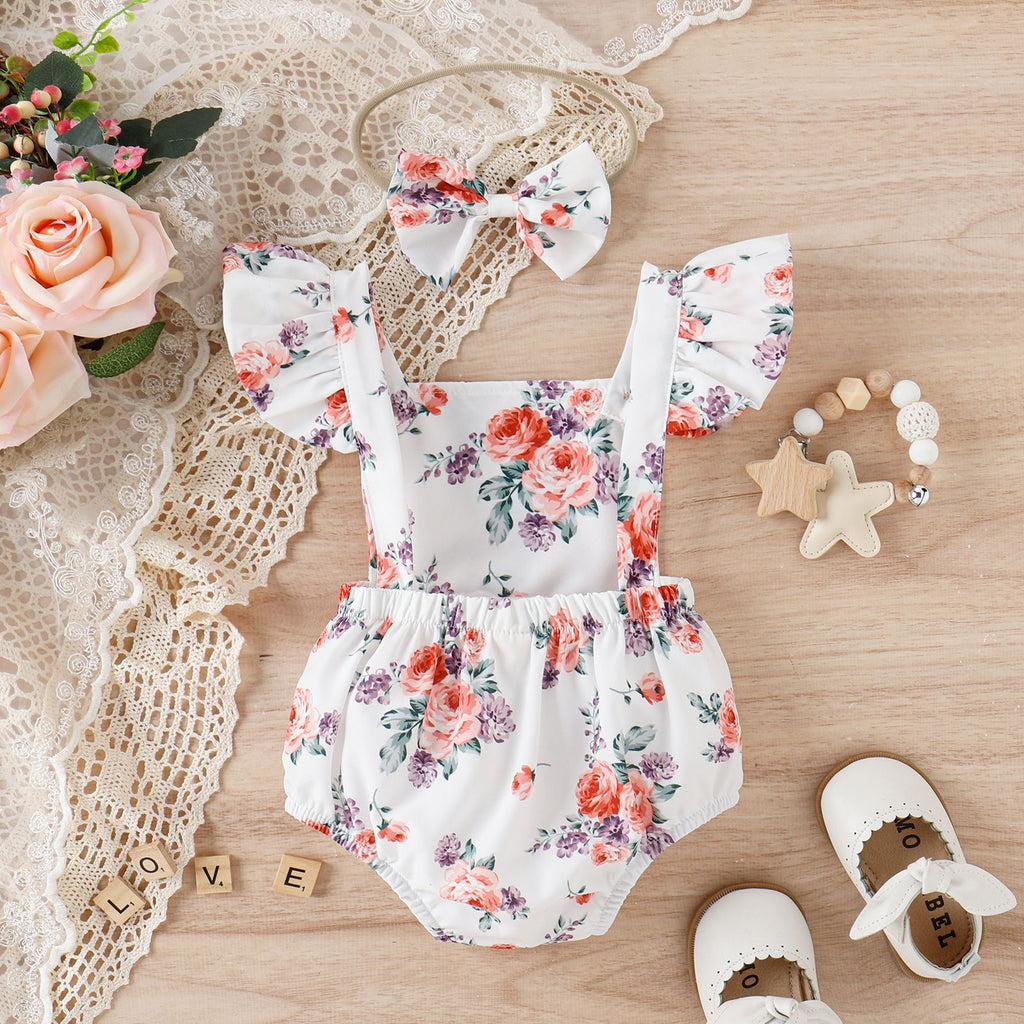 Infant Girls' Summer Printed Flying Sleeve Triangle Wrap Buttock Jumpsuit+hair Band