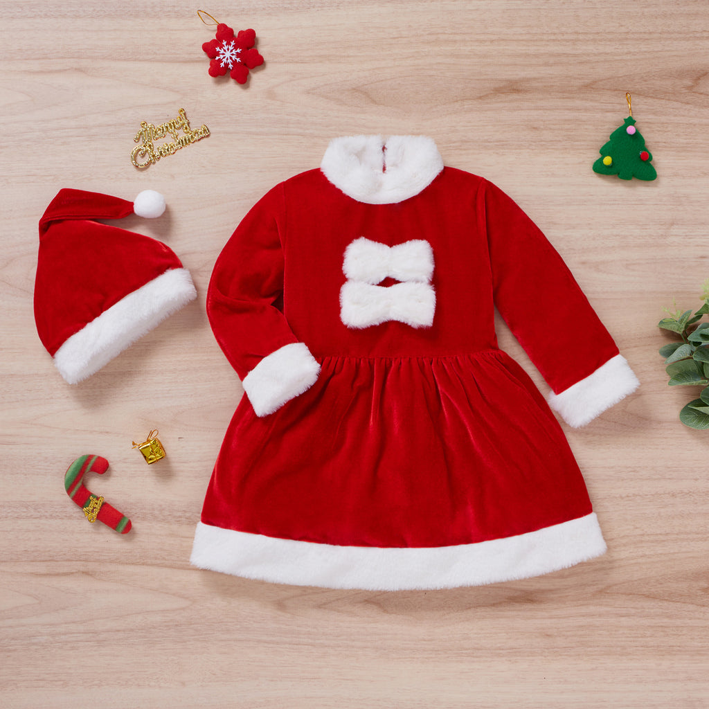 Toddler Kids Girls Solid Color Christmas Velvet Dress Hat Set - PrettyKid