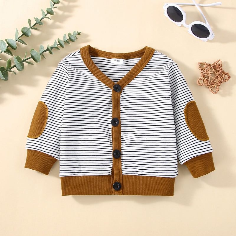 Toddler Kids Boys Stripe Contrast Button V-Neck Long Sleeve Knitted Cardigan Coat - PrettyKid