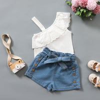 Summer Girls Set Solid Color Single Shoulder Strap Sleeveless Lace Tops Denim Shorts Two-piece - PrettyKid