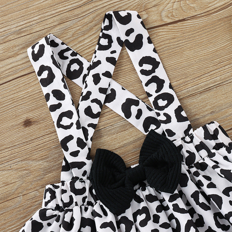 Toddler Kids Girls Solid Letter Print Short Sleeve T-shirt Leopard Print Bow Strap Skirt Set - PrettyKid