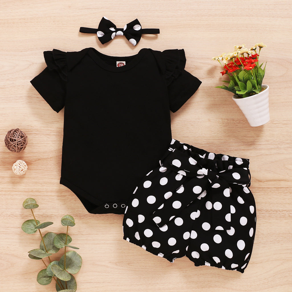 Baby Girls Black Short Sleeve Top Dot Print Shorts Set - PrettyKid