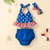Toddler Girls Striped Print Suspender Top Solid Color Briefs Independent Day Suit - PrettyKid