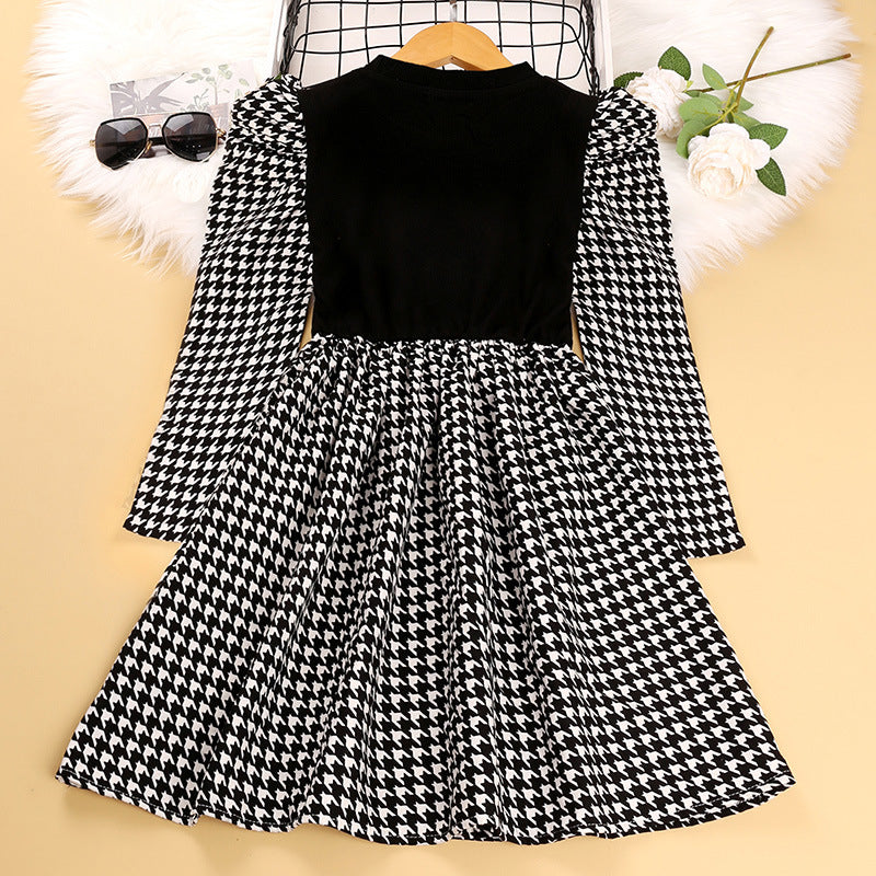 Toddler Kids Girls Black and White Check Long Sleeve Pleated Dress - PrettyKid