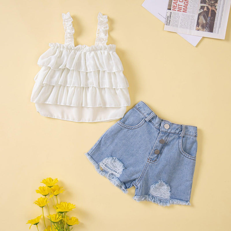 Summer New Children's Loose Top with Suspender+two Pieces of Torn Denim Shorts - PrettyKid