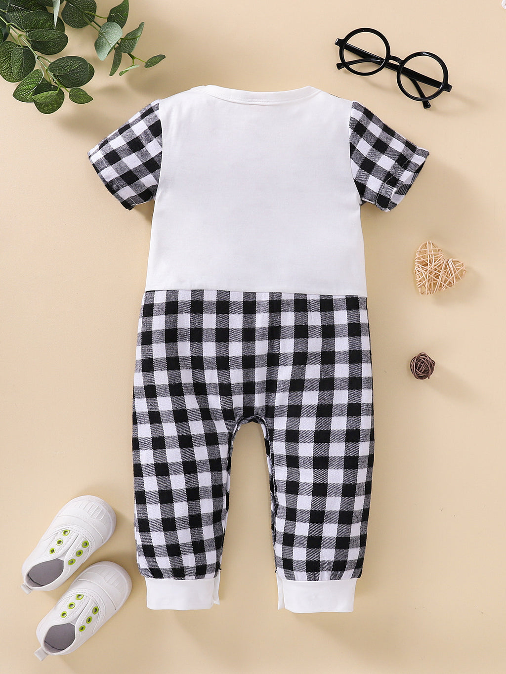 Baby Boys Letter Plaid Print Stitched One-piece Short Sleeve Pants One-piece - PrettyKid