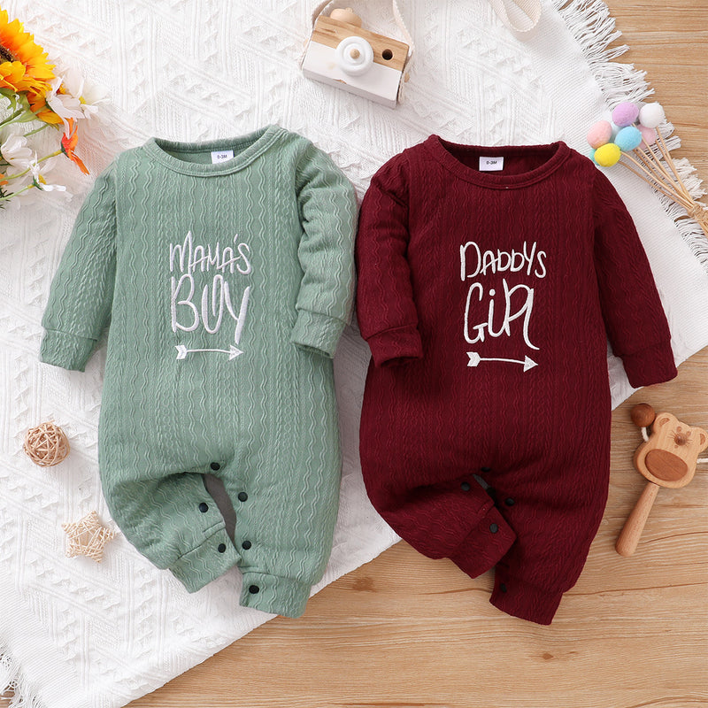 Baby Boys Girls Solid Letter Printed Long Sleeve Round Neck Jumpsuit - PrettyKid