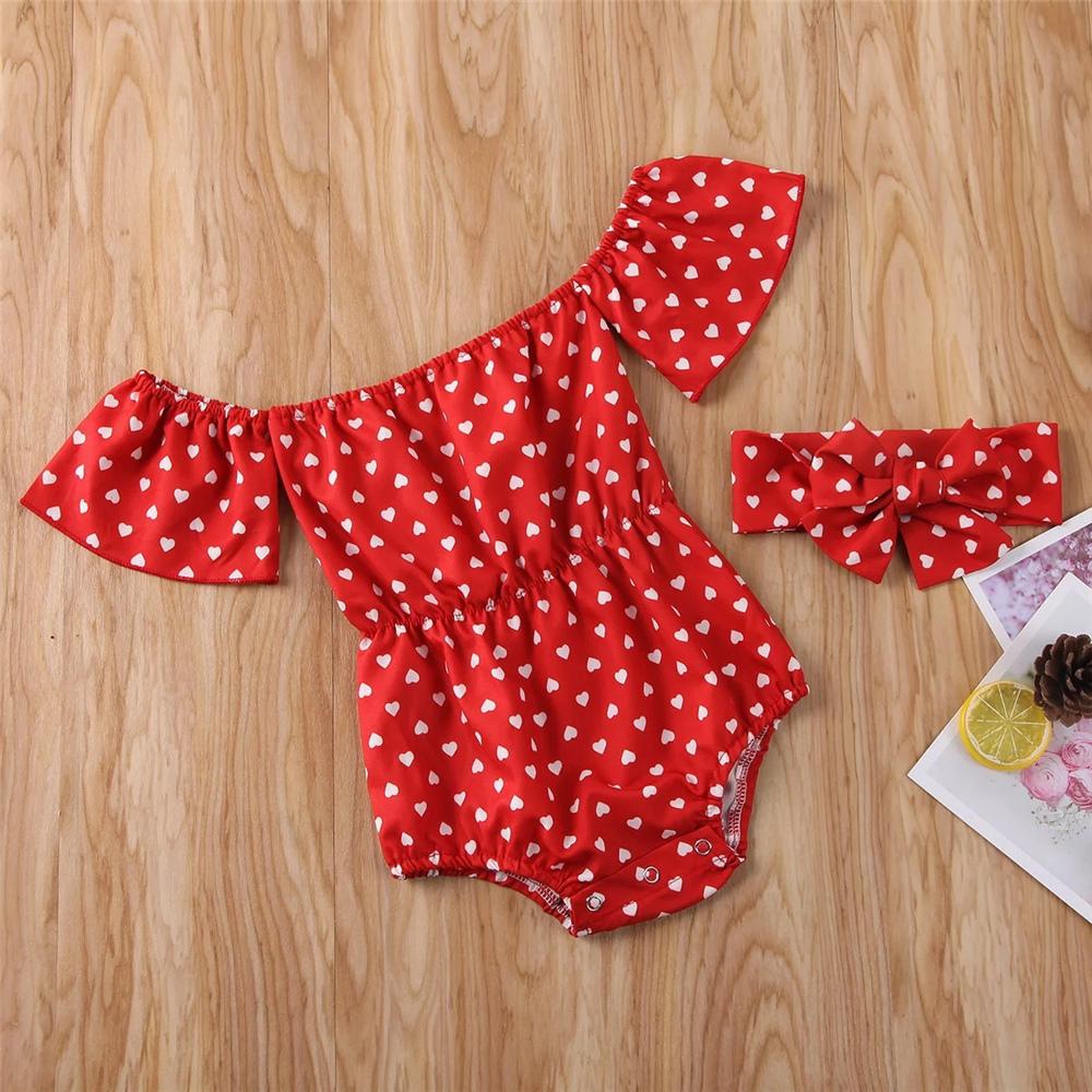 Baby Girls Off-Shoulder Heart Printed Short Sleeve Romper & Headband Baby clothes Distributor - PrettyKid
