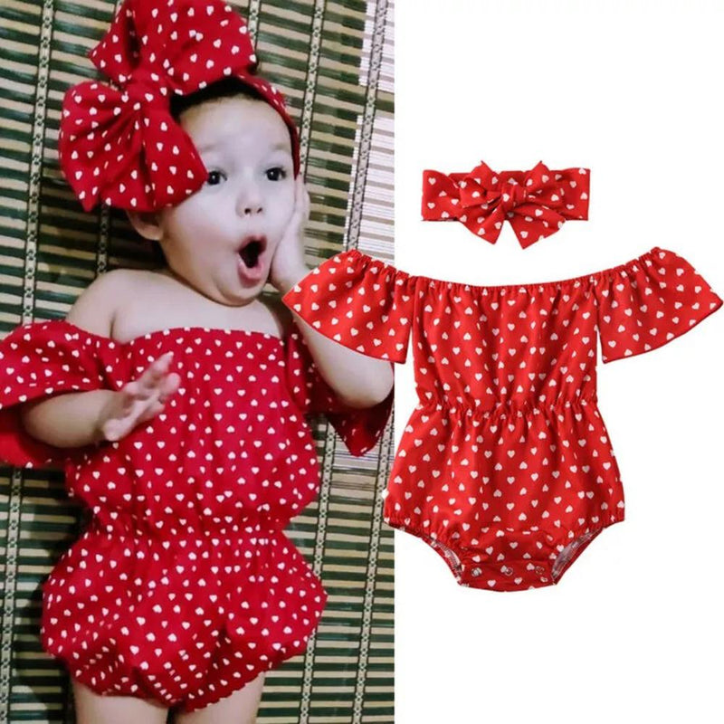 Baby Girls Off-Shoulder Heart Printed Short Sleeve Romper & Headband Baby clothes Distributor - PrettyKid
