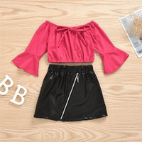 Girls Off Shoulder Flared Sleeve Top & PU Skirt Girls Clothes Wholesale - PrettyKid