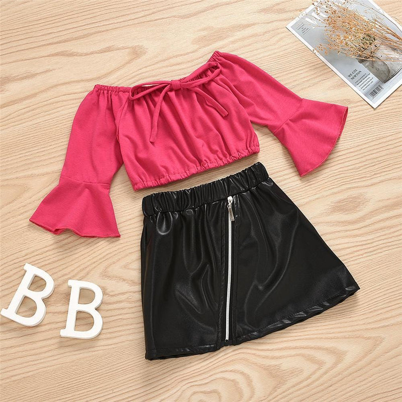 Girls Off Shoulder Flared Sleeve Top & PU Skirt Girls Clothes Wholesale - PrettyKid