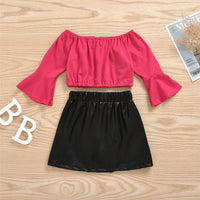 Girls Off Shoulder Flared Sleeve Top & PU Skirt Girls Clothes Wholesale - PrettyKid