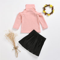 Girls Off Shoulder Long Sleeve Sweaters & PU Skirt Toddler Girls Wholesale - PrettyKid