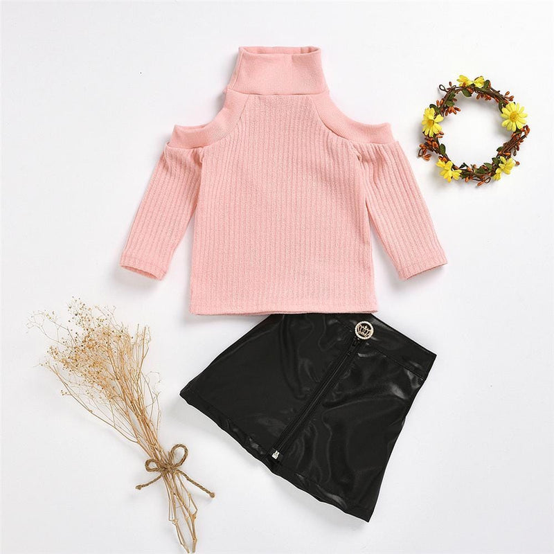 Girls Off Shoulder Long Sleeve Sweaters & PU Skirt Toddler Girls Wholesale - PrettyKid