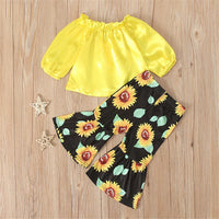 Girls Off Shoulder Long Sleeve Tops & Sunflower Printed Flare Pants - PrettyKid