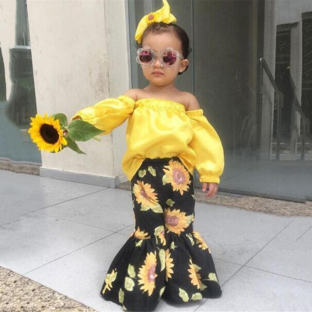 Girls Off Shoulder Long Sleeve Tops & Sunflower Printed Flare Pants - PrettyKid