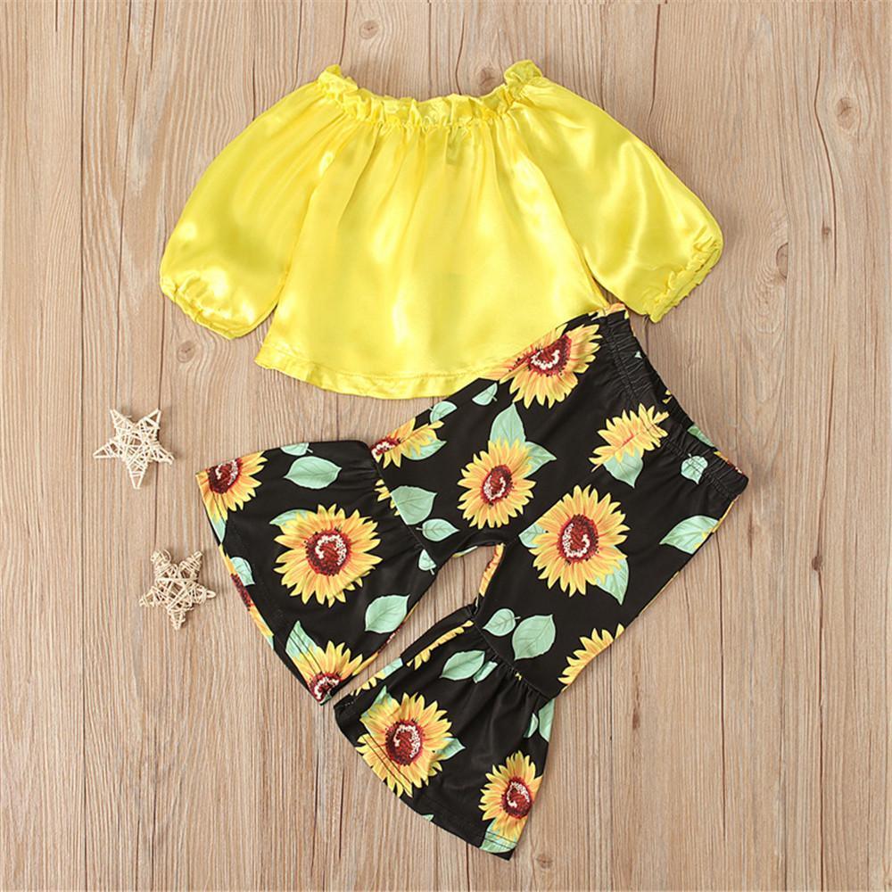 Girls Off Shoulder Long Sleeve Tops & Sunflower Printed Flare Pants - PrettyKid