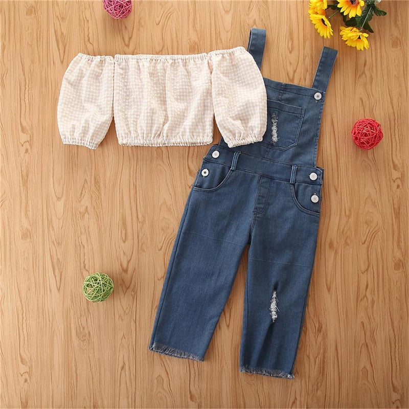 Girls Off Shoulder Plaid Top & Denim Ripped Overalls Wholesale Little Girl clothes - PrettyKid