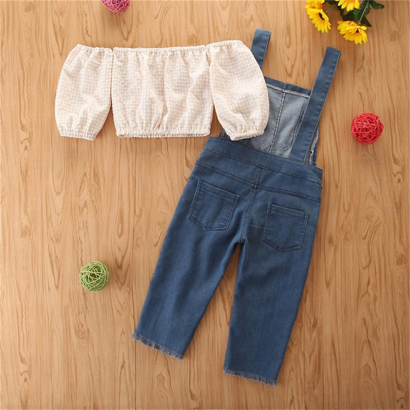 Girls Off Shoulder Plaid Top & Denim Ripped Overalls Wholesale Little Girl clothes - PrettyKid