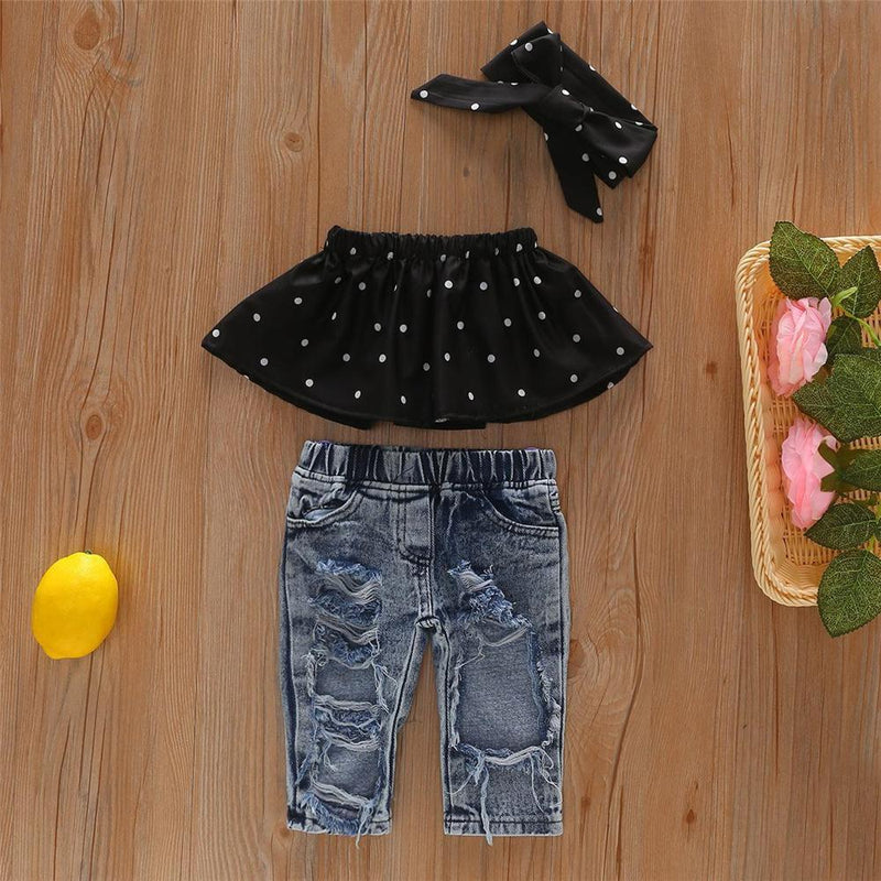 Toddler Girls Off Shoulder Polka Dot Top & Ripped Jeans & Headband Clothesblank infant shirts - PrettyKid