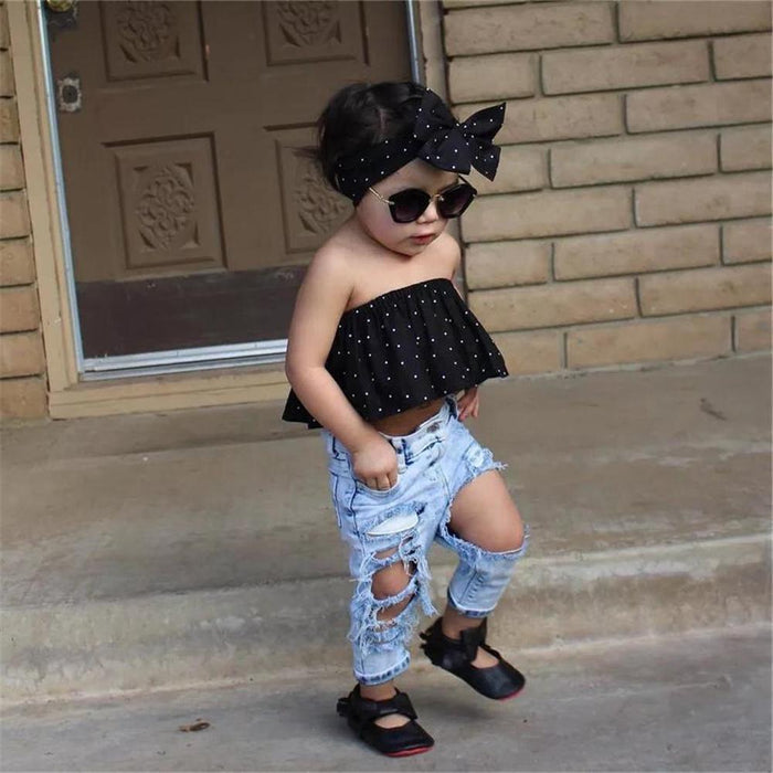 Toddler Girls Off Shoulder Polka Dot Top & Ripped Jeans & Headband Clothesblank infant shirts - PrettyKid