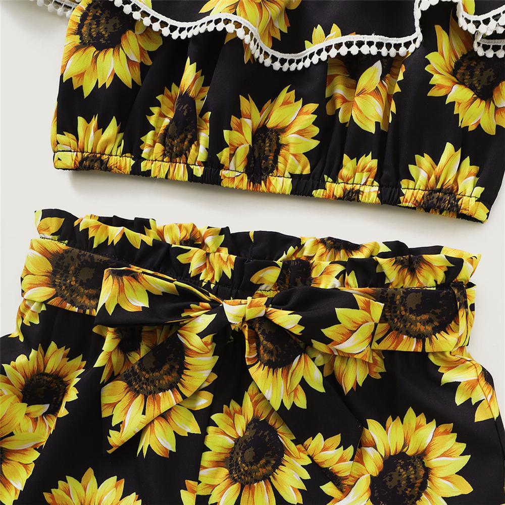 Toddler Girls Off Shoulder Ruffled Sling Sunflower Printed Top & Shorts childrens plain tracksuits wholesale - PrettyKid