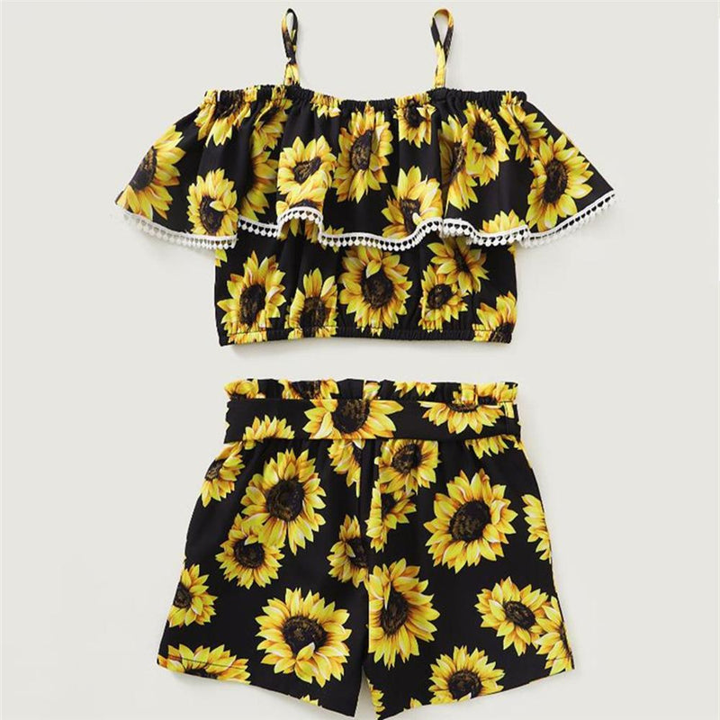 Toddler Girls Off Shoulder Ruffled Sling Sunflower Printed Top & Shorts childrens plain tracksuits wholesale - PrettyKid
