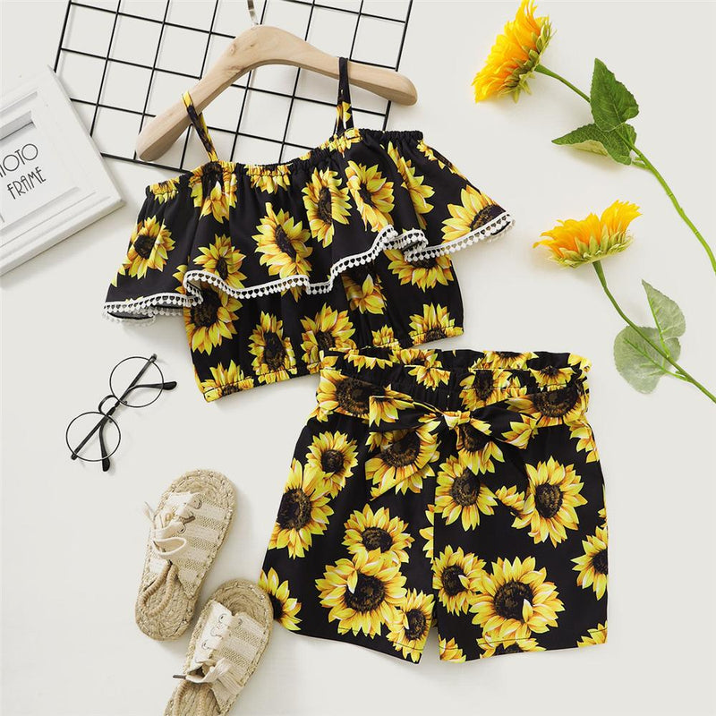 Toddler Girls Off Shoulder Ruffled Sling Sunflower Printed Top & Shorts childrens plain tracksuits wholesale - PrettyKid