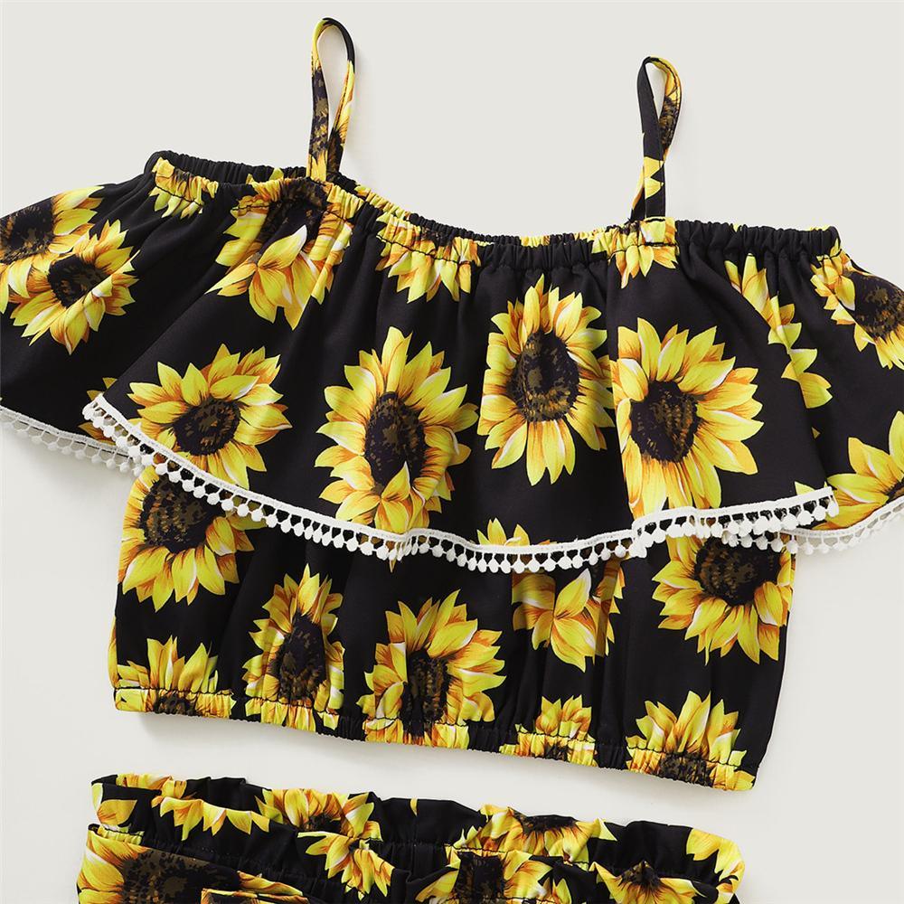 Toddler Girls Off Shoulder Ruffled Sling Sunflower Printed Top & Shorts childrens plain tracksuits wholesale - PrettyKid