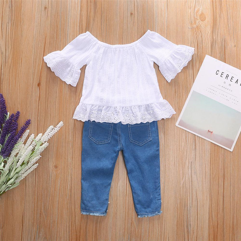 Girls Off Shoulder Solid Short Sleeve Top & Pearl Ripped Jeans Wholesale Childrens clothes - PrettyKid