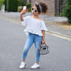 Girls Off Shoulder Solid Short Sleeve Top & Pearl Ripped Jeans Wholesale Childrens clothes - PrettyKid