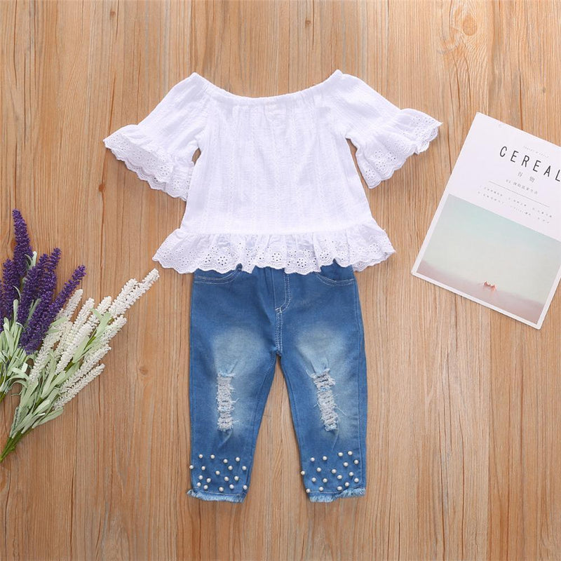 Girls Off Shoulder Solid Short Sleeve Top & Pearl Ripped Jeans Wholesale Childrens clothes - PrettyKid