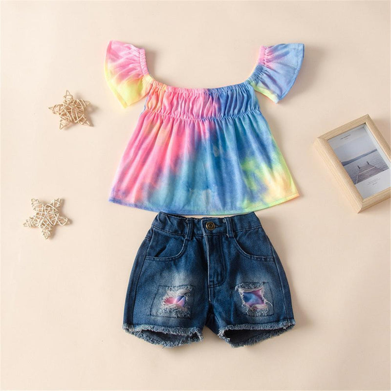 Girls Off Shoulder Tie Dye Short Sleeve Top & Denim Shorts Girl Wholesale - PrettyKid