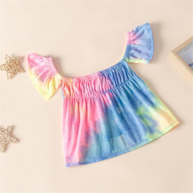 Girls Off Shoulder Tie Dye Short Sleeve Top & Denim Shorts Girl Wholesale - PrettyKid