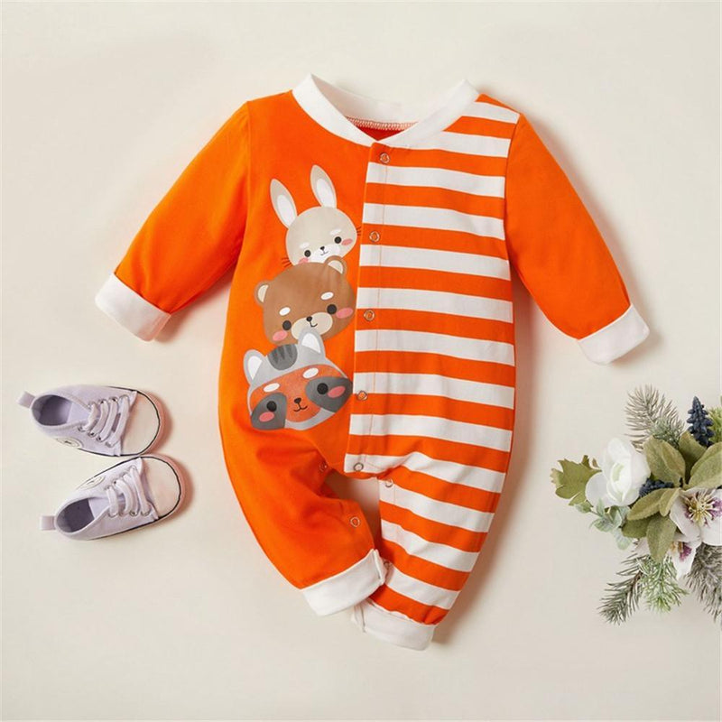 Baby One-Piece Cartoon Striped Long Sleeve Romper - PrettyKid