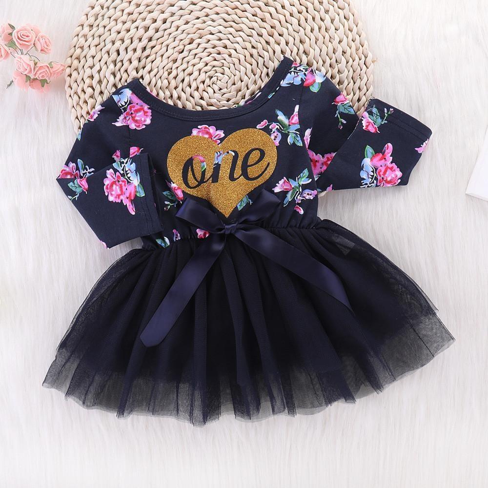 Girls One Floral Printed Bow Long Sleeve Tulle Dress - PrettyKid