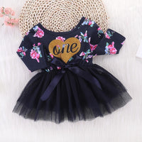 Girls One Floral Printed Bow Long Sleeve Tulle Dress - PrettyKid