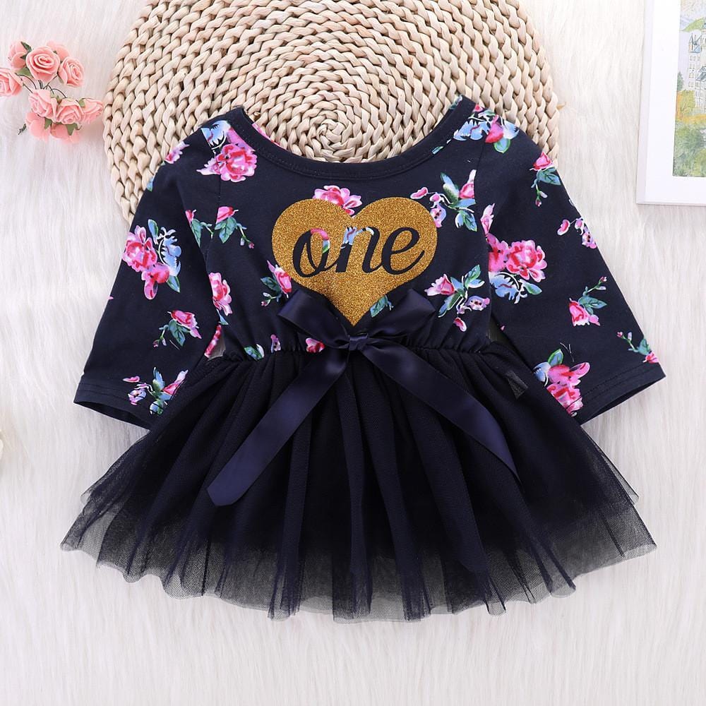 Girls One Floral Printed Bow Long Sleeve Tulle Dress - PrettyKid