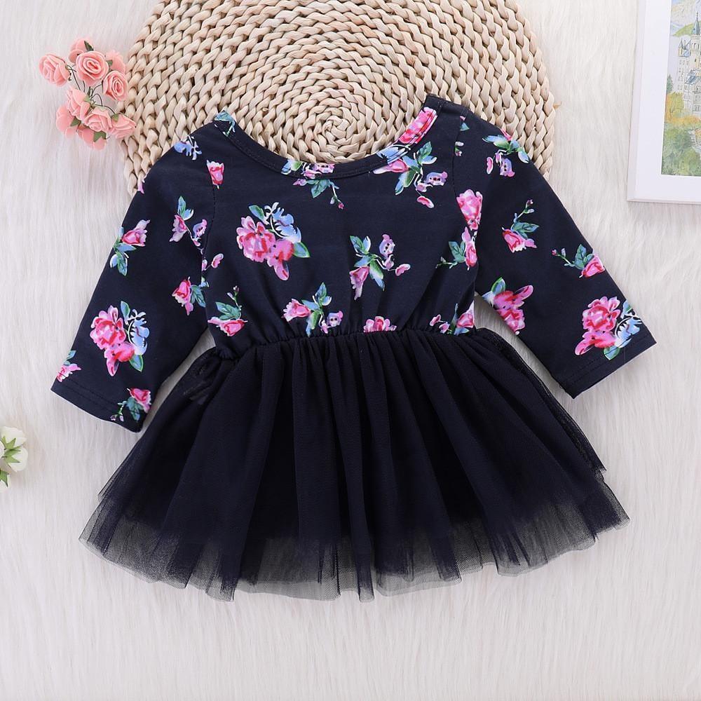 Girls One Floral Printed Bow Long Sleeve Tulle Dress - PrettyKid