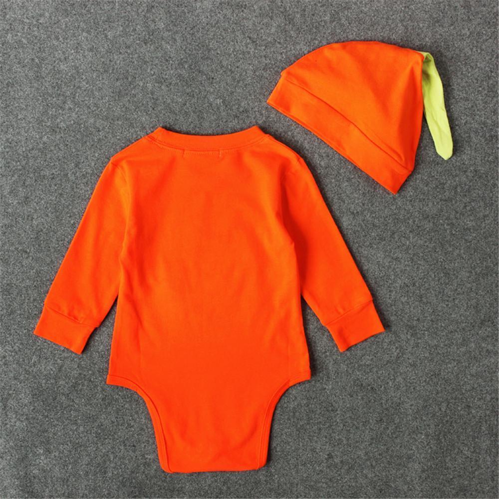 Baby One Piece Halloween Pumpkin Long Sleeve Romper & Hat - PrettyKid