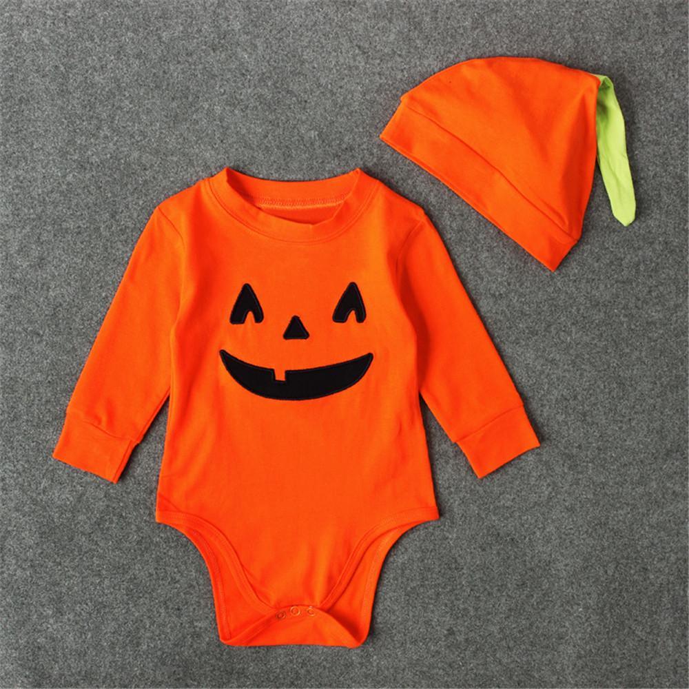 Baby One Piece Halloween Pumpkin Long Sleeve Romper & Hat - PrettyKid