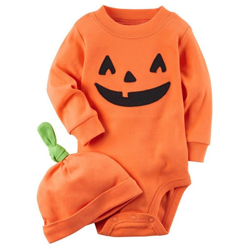 Baby One Piece Halloween Pumpkin Long Sleeve Romper & Hat - PrettyKid