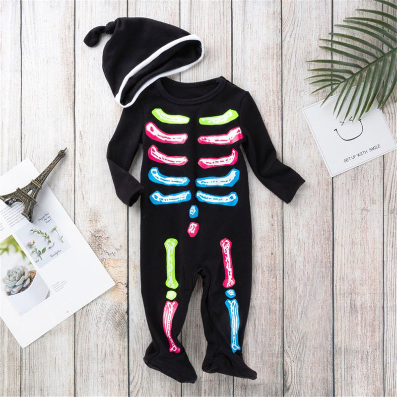 Baby One Piece Skeleton Long Sleeve Romper & Hat - PrettyKid