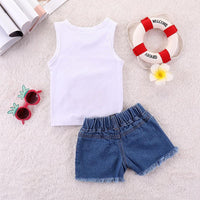 Girls One Watermelon Printed Sleeveless Top & Ripped Denim Shorts Kids Wholesale Clothing - PrettyKid