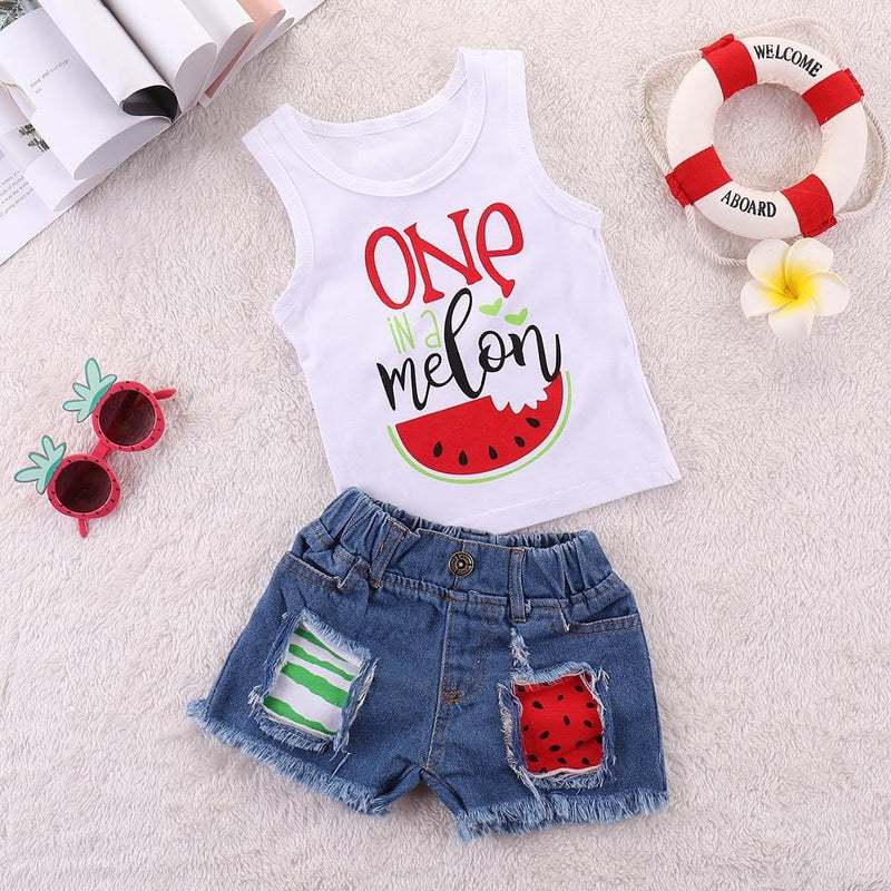 Girls One Watermelon Printed Sleeveless Top & Ripped Denim Shorts Kids Wholesale Clothing - PrettyKid